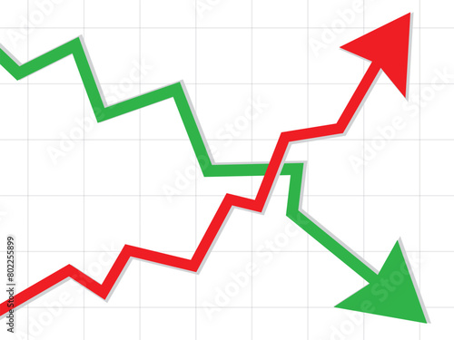 Free Download Graph going Up and Down sign with green and red arrows vector. Flat design vector illustration concept of sales bar chart symbol icon with arrow moving down and sales bar chart with arrow moving up. - GFXLoad