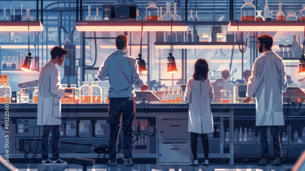A group of scientists in a laboratory working on a new experiment. A group of scientists in a laboratory working on a new experiment.