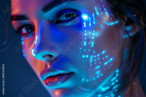 Futuristic portrait of woman with glowing cyberware on face