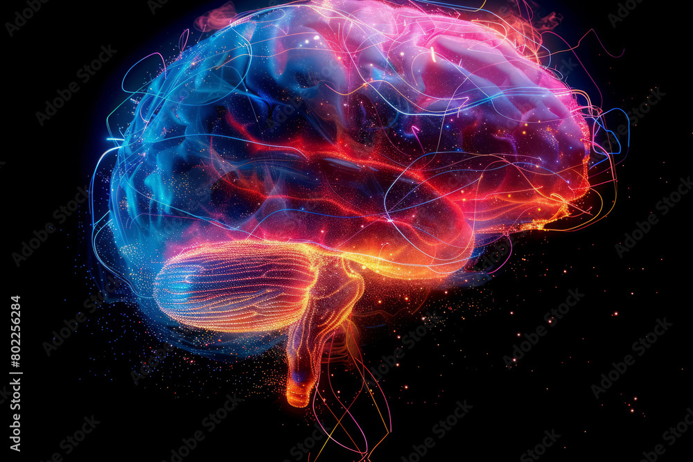 Colorful neon brain representation in vivid lights on dark background
