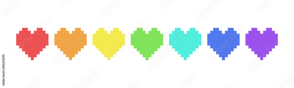 Fototapeta premium Pixel colorful love icon design. 8 bit heart. Arcade game symbol. Red, orange, yellow, green, blue and purple colors.