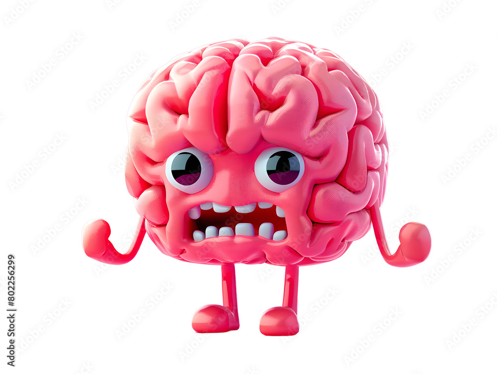 3d illustration of red brain character with angry and anxious expression