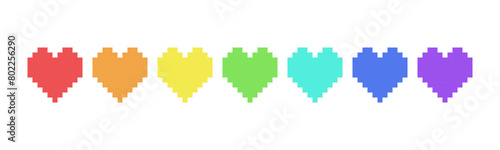 Pixel colorful love icon design. 8 bit heart. Arcade game symbol. Red, orange, yellow, green, blue and purple colors.