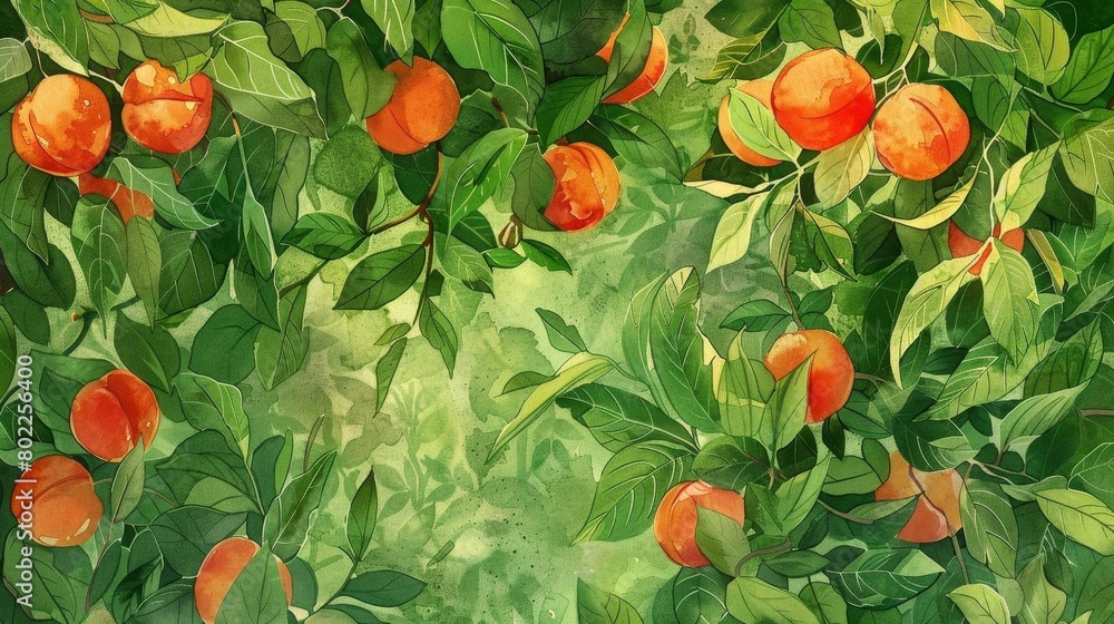 Illustrate a whimsical birds-eye view of a peach orchard, with lush green foliage and clusters of ripe fruit, using watercolor techniques to infuse a dreamy, ethereal quality