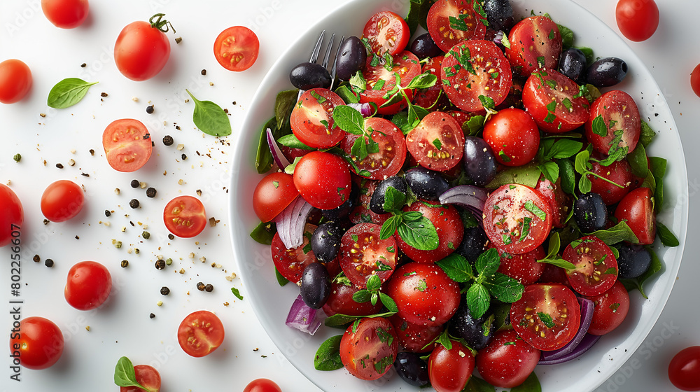 Vegan food: healthy fresh vegetables salad. Salad with arugula and cherry tomatoes. Vegan food: healthy fresh vegetables salad. Salad with arugula and cherry tomatoes.