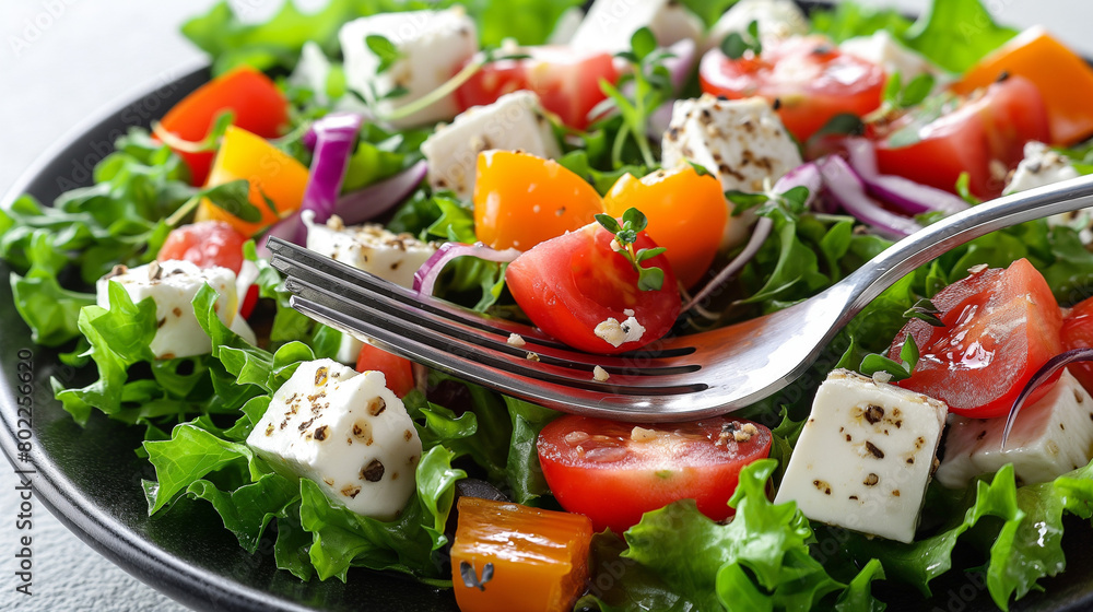Healthy salad with green leaves, tomatoes and jamon. Healthy salad with green leaves, tomatoes and jamon.