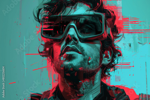Futuristic man with VR glasses in cyberspace setting
