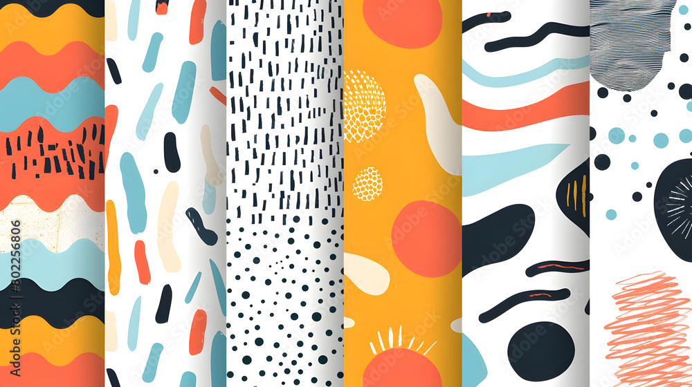 Abstract hand drawn geometric simple minimalistic seamless patterns set. Polka dot, stripes, waves, random symbols textures. Generative AI. Abstract hand drawn geometric simple minimalistic seamless patterns set. Polka dot, stripes, waves, random symbols textures. Generative AI.