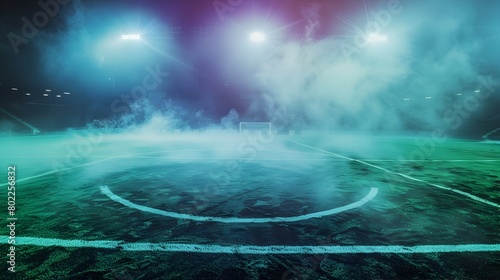 Vibrant Soccer Field Textures Midfield Action in a Futuristic Stadium with Neon Fog and Studio Lighting Generative ai