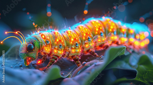 The caterpillar is crawling on the leaf. It has a beautiful glowing body