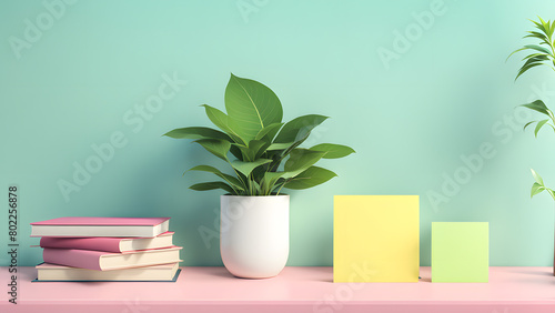 A white potted plant sits on a shelf next to a stack of books