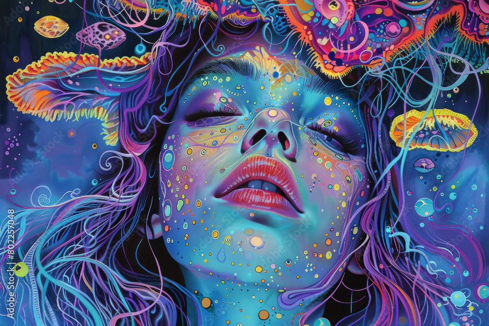 Vibrant underwater fantasy portrait with jellyfish and neon colors