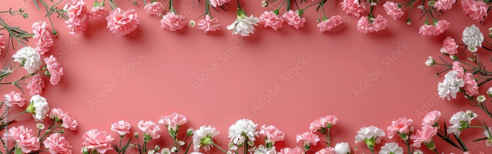 Spring Greeting Card with White and Pink Gypsophila and Fresh Carnations on Pastel Pink Background with Square Photo Frame for Mother's Day or Birthday - Copy Space