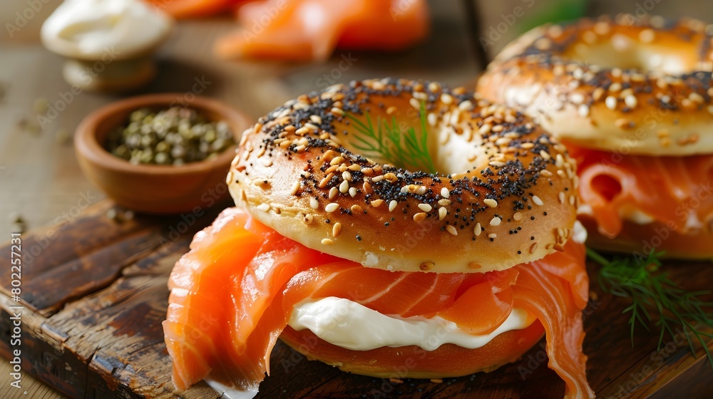 Bagel sandwich with smoked salmon, cream cheese, and fresh dill. Rustic food photography. Gourmet breakfast and brunch concept. Design for menu, poster. Bagel sandwich with smoked salmon, cream cheese, and fresh dill. Rustic food photography. Gourmet breakfast and brunch concept. Design for menu, poster.