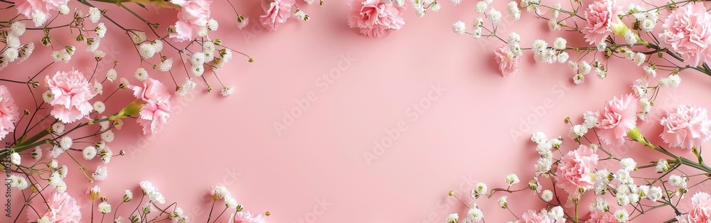 Spring Greeting Card with White and Pink Gypsophila and Fresh Carnations on Pastel Pink Background with Square Photo Frame for Mother's Day or Birthday - Copy Space