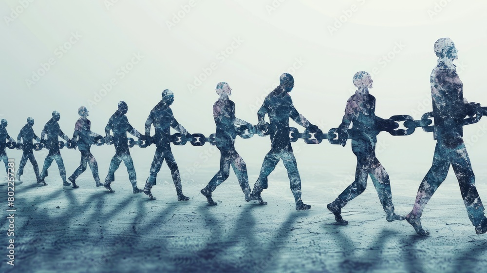 A line of people walking forward while chained together