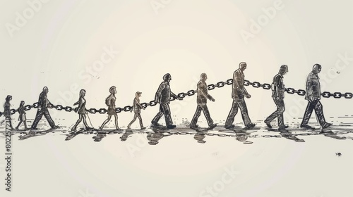 A line of people  each linked to the next by a chain  walking towards an unseen destination.