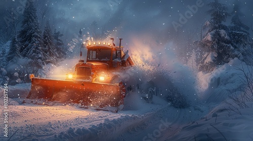 Gritty snowplow on a twilight quest  carving a route through a snowstorm  its beacon lights a contrast to the cool blue setting.