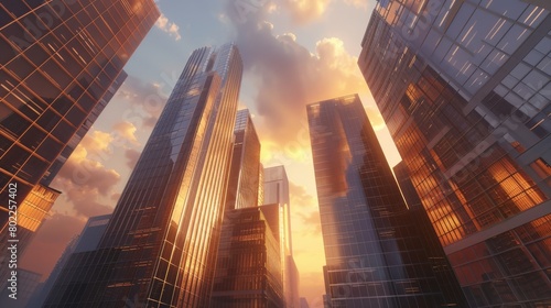 Skyscrapers against the sky high-rise buildings at sunset cityscape with skyscrapers 3D rendering 