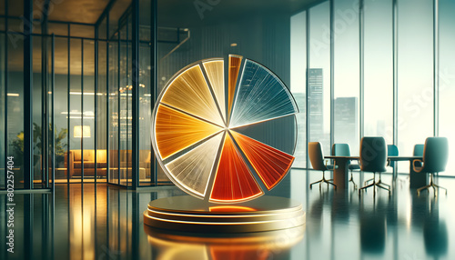 a pie chart with brightly colored segments  placed on a blurred financial spreadsheet background  in a business analysis setting.