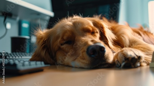 A serene scene of a dog resting their head on a desk  offering a calming presence and stress relief to their coworkers on Take Your Dog to Work Day.