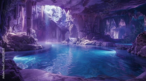Subterranean lake in a cavern, the stones lit with a mystical purple luminescence contrasting the cool blues of the water. photo