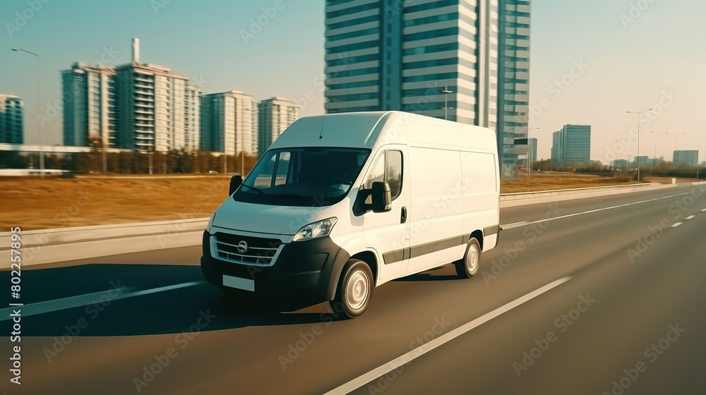 White modern delivery small shipment cargo courier van moving fast on motorway road to city White modern delivery small shipment cargo courier van moving fast on motorway road to city