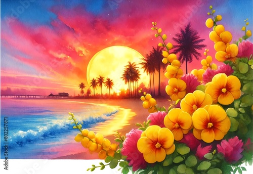 Watercolor painting of Basket of Gold flowers on a Beach at Sunset