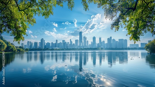 Expansive urban skyline showcasing architectural marvels along a peaceful lake under the vastness of a daytime sky