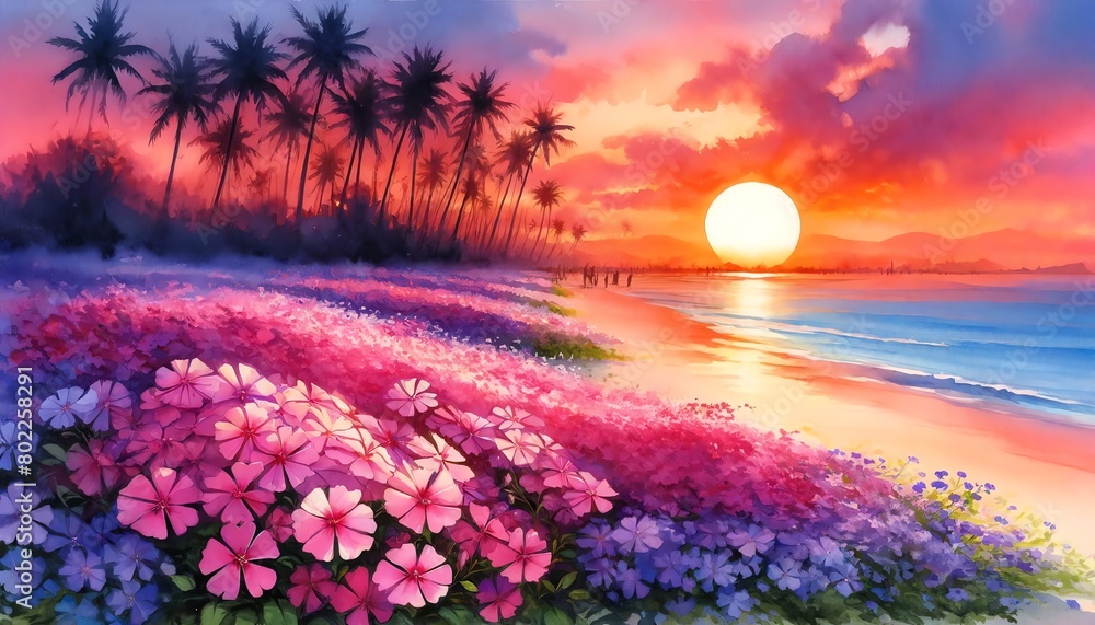 Watercolor painting of Creeping Phlox flowers on a Beach at Sunset Watercolor painting of Creeping Phlox flowers on a Beach at Sunset
