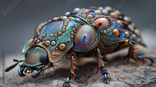 The image shows a beautiful and unique bug with a shiny, gem-like exoskeleton in shades of blue, green, and purple photo
