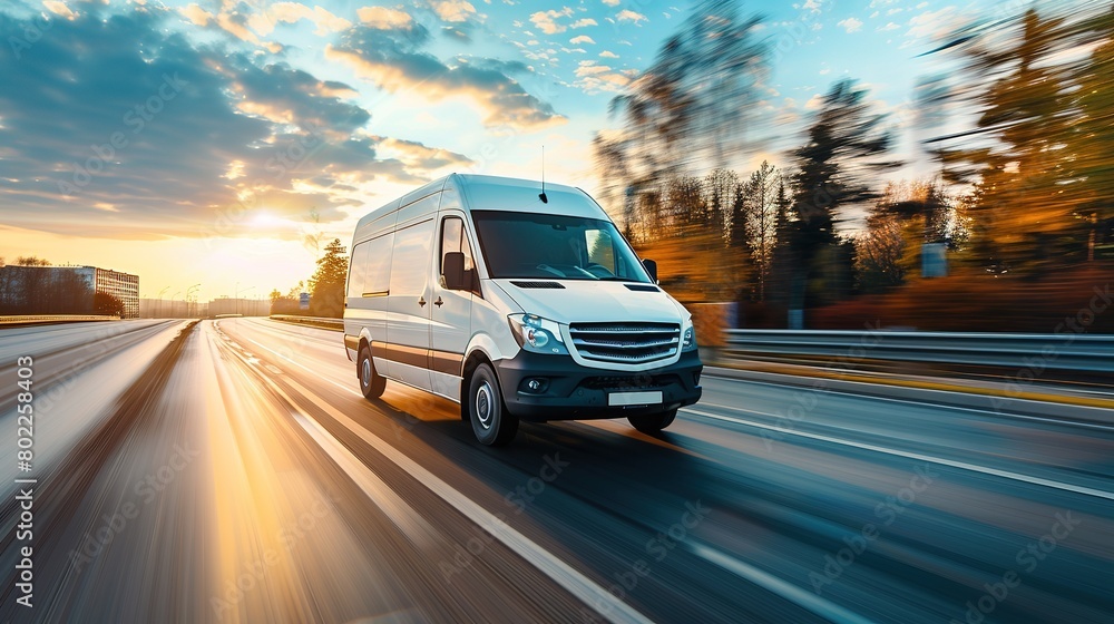 White modern delivery small shipment cargo courier van moving fast on motorway road to city White modern delivery small shipment cargo courier van moving fast on motorway road to city