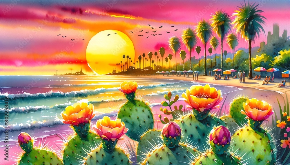 Watercolor painting of Eastern Prickly Pear flowers on a Beach at Sunset
