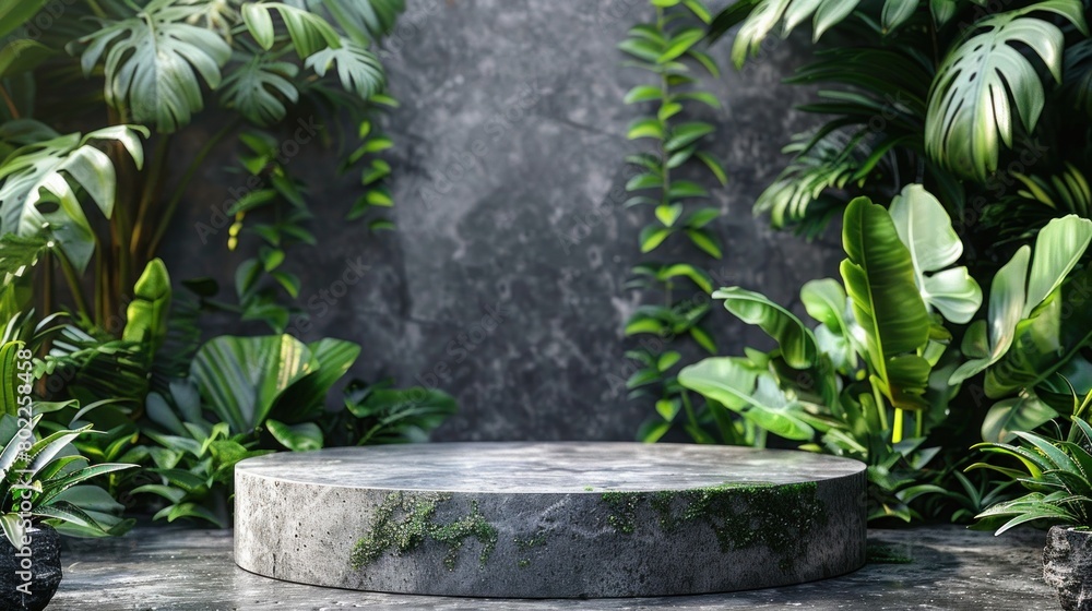 Tropical Cosmetics Advertising Display with Natural Stone Pedestal and Leafy Background for Beauty Product Mockup Tropical Cosmetics Advertising Display with Natural Stone Pedestal and Leafy Background for Beauty Product Mockup