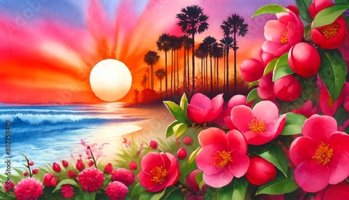 Watercolor painting of Flowering Quince on a Beach at Sunset photo