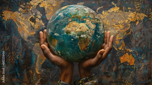 A painting of a person of color holding the Earth in their hands with an artistic background.