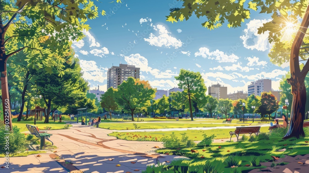 Fototapeta premium A park with a lot of trees and a blue sky