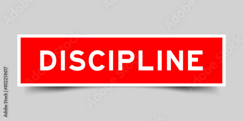 Red color square label sticker with word discipline that inserted in gray background