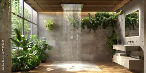 Modern rain shower among green tropical leaves and different flowers