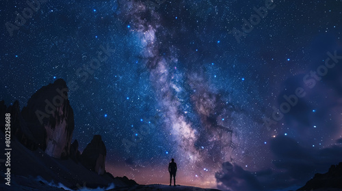 A person stands in front of a mountain range, looking up at the night sky photo
