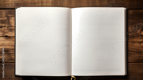 Open notebook on table, top view photo
