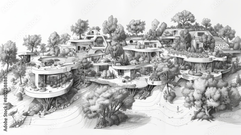 A pencil drawing of a futuristic city built on a rocky hill. The city is made up of many different buildings, all of which are connected by walkways and bridges.