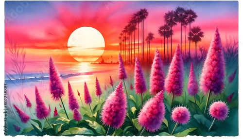 Watercolor painting of Joe Pye Weed flowers on a Beach at Sunset photo