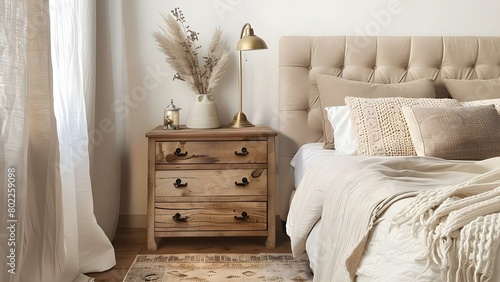 Modern Scandinavian Bedroom with French Country-Inspired Wooden Nightstand and Beige Headboard. Concept Modern Scandinavian Design, French Country-Inspired Decor, Wooden Nightstand, Beige Headboard photo