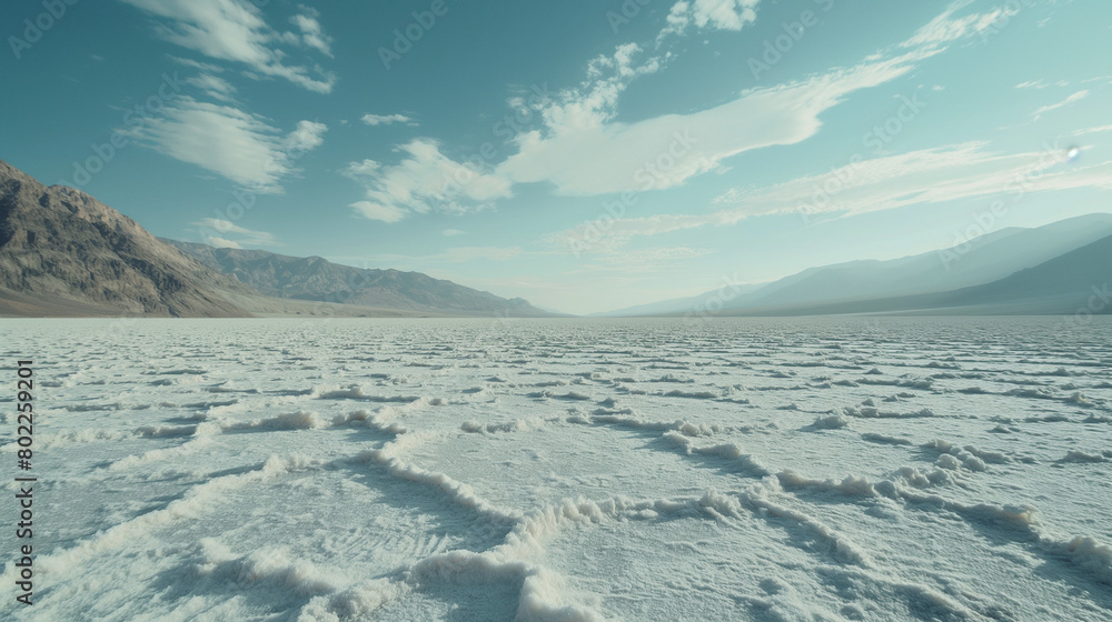 A vast, otherworldly salt flat with geometric patterns formed by natural crystalline formations. 