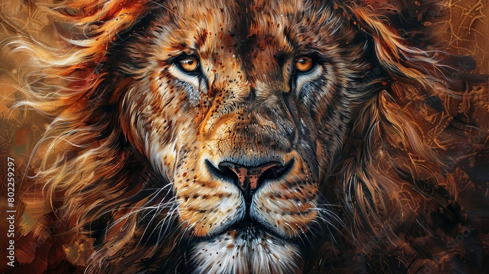Naklejka premium Illustrate a wide-angle view of a lion in a traditional oil painting style, emphasizing its fierce gaze and intricate mane Incorporate vibrant colors to bring out the intensity of the scene, focusing