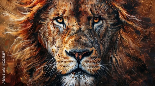 Illustrate a wide-angle view of a lion in a traditional oil painting style  emphasizing its fierce gaze and intricate mane Incorporate vibrant colors to bring out the intensity of the scene  focusing