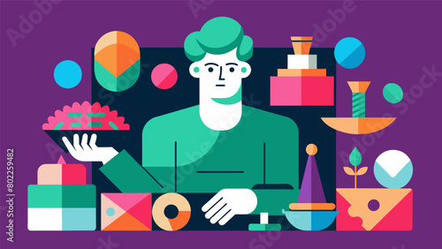 A sculptor with synesthesia combines various textures and materials to create tactile pieces that stimulate multiple senses at once.. Vector illustration
