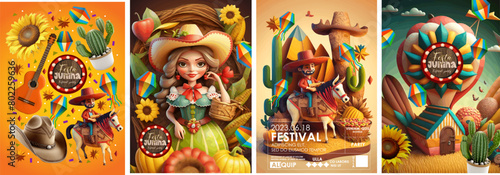 Vibrant Festa Junina celebration banners featuring traditional symbols like sunflowers, guitars, and colorful kites. Illustration for poster, banner, flyer, brochure or background. 3d