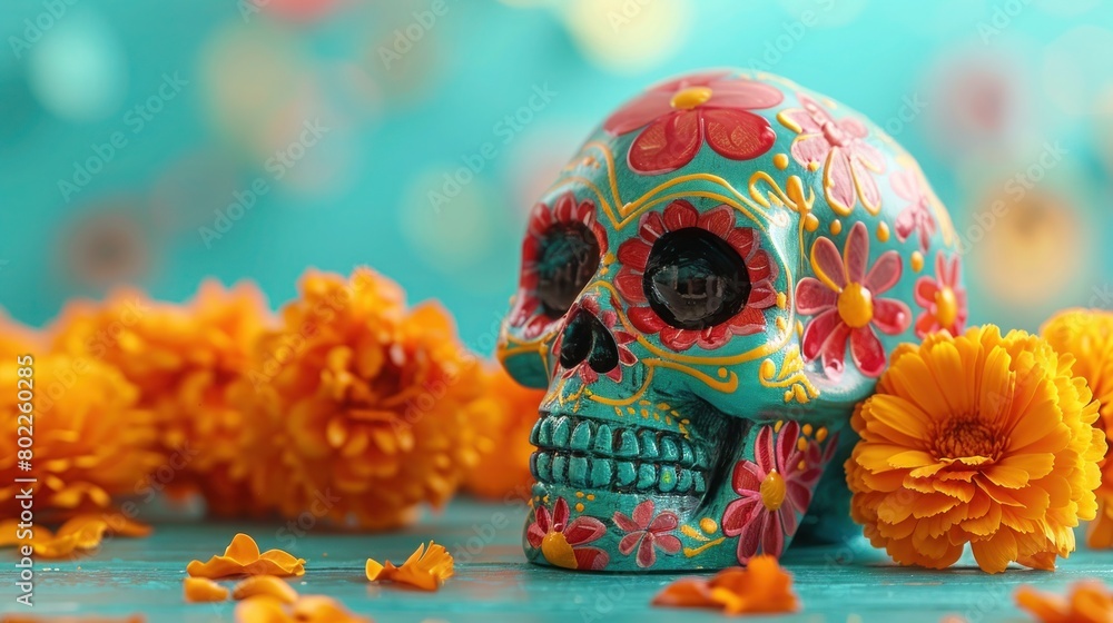 Festive Day of the Dead Sugar Skull on Colorful Marigold Background, Celebrating Hispanic Heritage and Dia de los Muertos